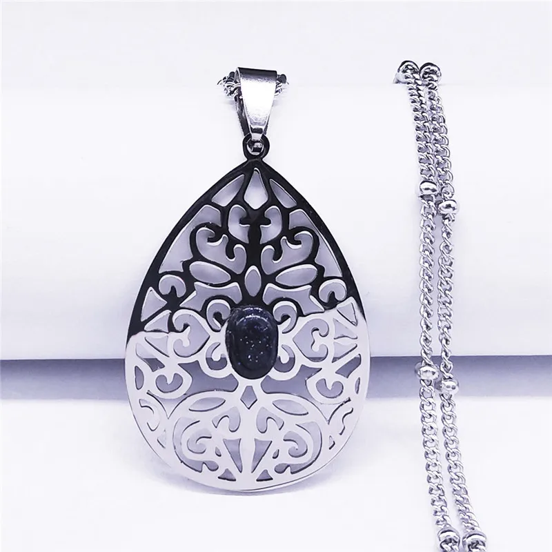 

Boho Water Drop Flower Natural Stone Stainless Steel Silver Color Bohemian Chain Necklace Women Jewelry colier femme N4455S04