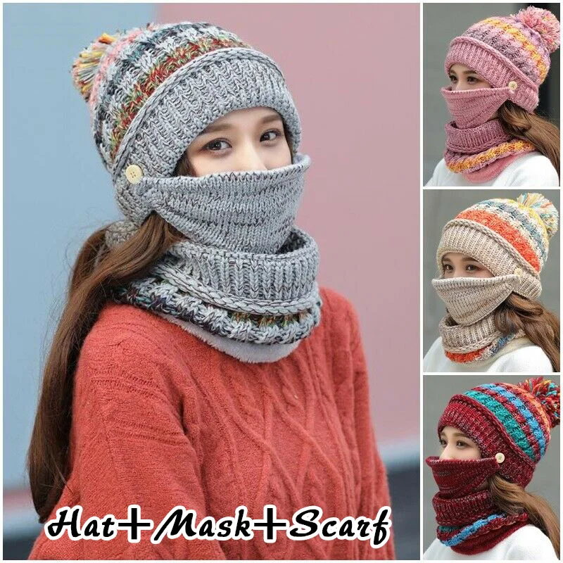 

Anti-fog Dustproof Fashion Knitted Wool Cap Women Winter Versatile Warm Hat Scarf Face Mask Three-Piece Set 6 Color