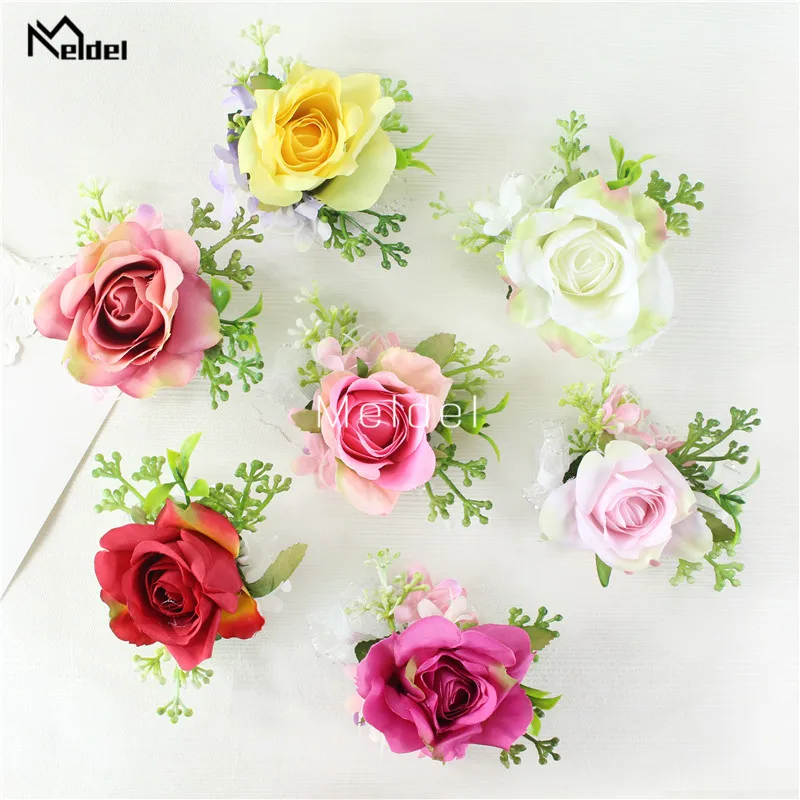 Meldel Boutonniere and Wrist Corsage Artificial Flower Silk Rose Pink Wedding Girl Bracelet Men Brooch Pins Groom |