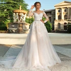 Свадебное платье с длинными рукавами, Кружевная аппликация с поясом, свадебные платья на пуговицах сзади и со шнуровкой, свадебное платье