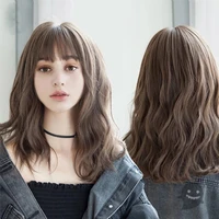 shangke synthetic wigs for women daily cosplay long water wave lolita wig with bangs cold brown heat resistant hair bob wig