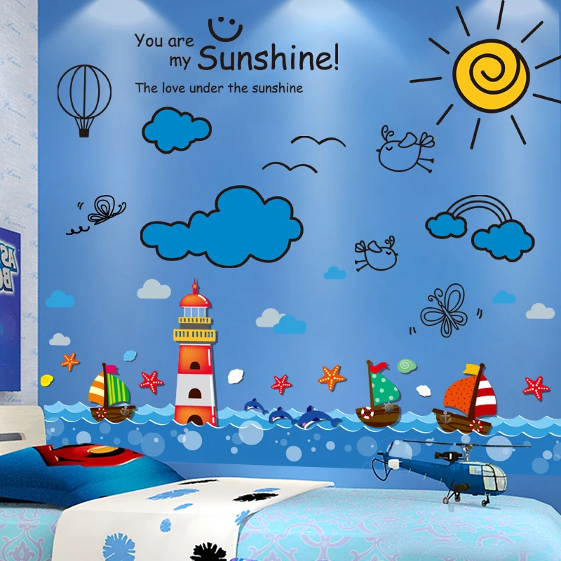 

[shijuekongjian] Sailboat Lighthouse Wall Sticker DIY Cartoon Clouds Sun Wall Decals for Kids Room Baby Bedroom House Decoration
