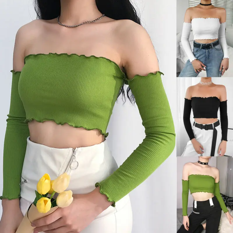

Fashion Women's Off-Shoulder Crop Top Vest Casual Blouse Long Sleeve Ladies Summer Shirt Tank Tops