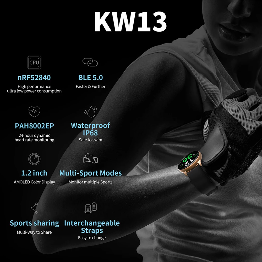 KW13 Smartwatch ip68 водонепроницаемый монитор сердечного ритма для женщин браслет