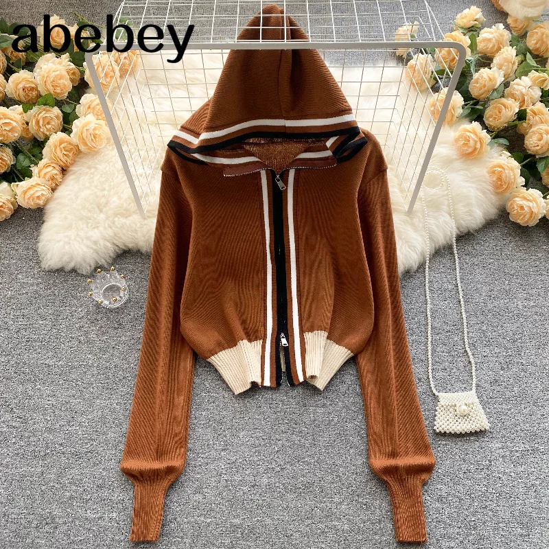 

Women Hooded Cardigan Fashion Korean Long Sleeve Loose Casual Top Autumn Winter Streetwear Knit Short Zipper Outerwear