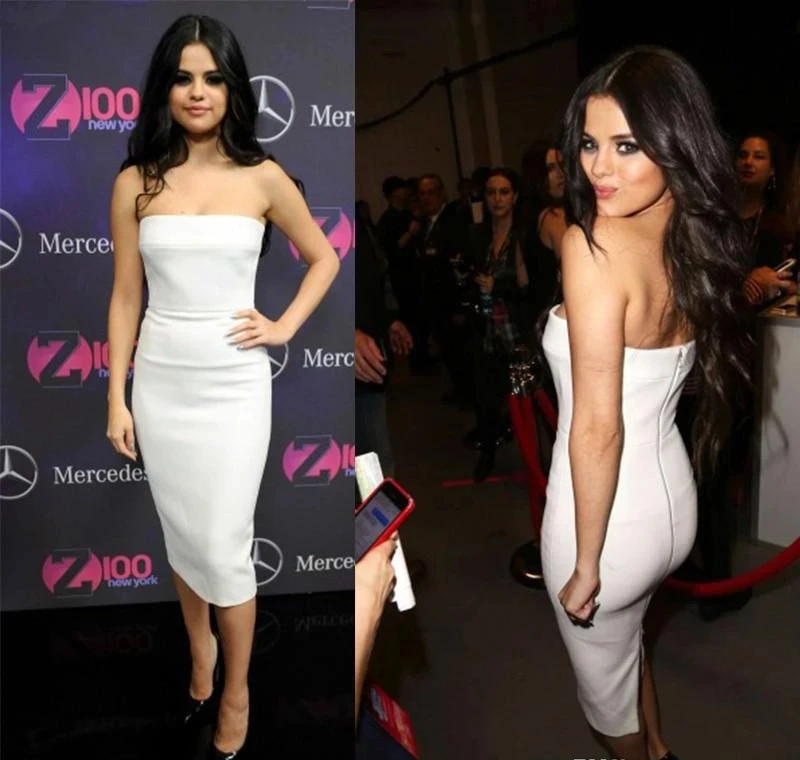 

Backless Celebrity Dresses Sheath Strapless Tea Length Short Famous Formal Red Carpet Dresses
