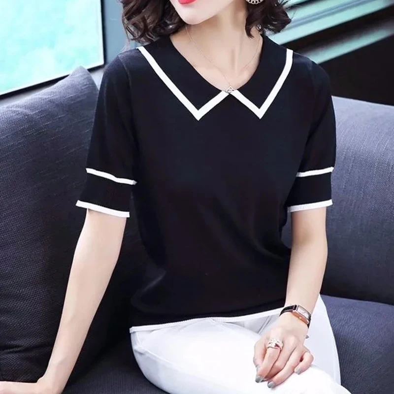 

Summer Short Sleeve Stripe Slim Knitted T-Shirt Women Korean Style Short Knitwear Tops 2021 New Fashion Pullover Tees Female