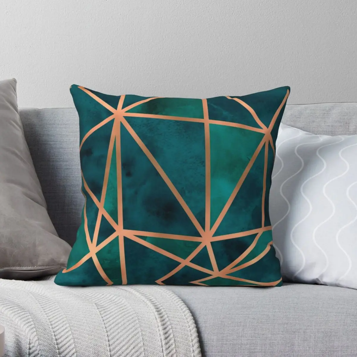 

Copper Emerald Geo Square Pillowcase Polyester Linen Velvet Pattern Zip Decorative Pillow Case Home Cushion Cover