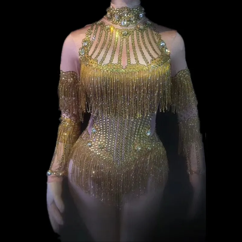 Женский комбинезон с кисточками и стразами золотистое пикантное трико для