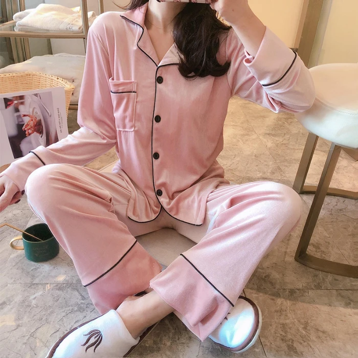 New Arrivals WAVMIT Winter Women's Flannel Long Sleeve Pajamas Set Loose Leisure Women Sleepwear Gold Velvet Pyjamas Outwear | Женская