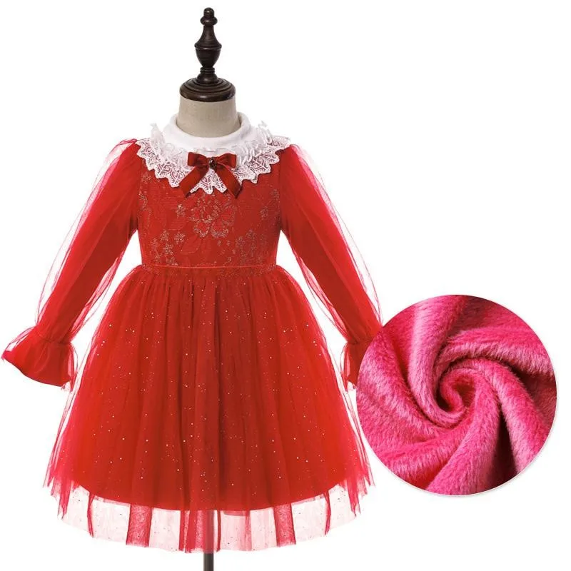 

2021 New Year Plush Dress For Girls Autumn Winter Long Sleeve Ruffle Loose Hem Ball Gowns Kid Child Sweet Princess Party Dresses