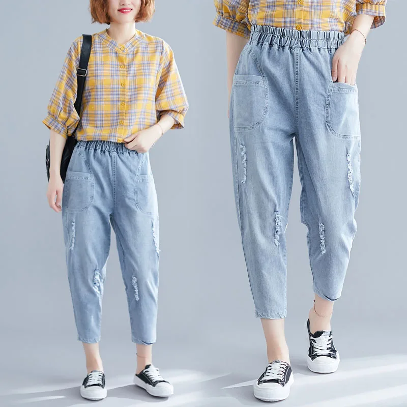 Модные шерстяные рваные джинсовые укороченные брюки с бахромой летние толстые mm