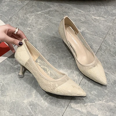 

2021 autumn new high heels stiletto fashion sexy lace mesh pointed toe all-match belt heel single shoes women's shoes