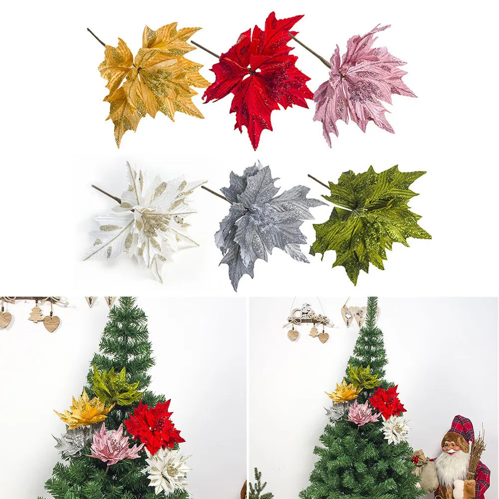 

Christmas Poinsettia Glitter Artificial Dusting Leaves Flower Arrangement Christmas Flowers Xmas Tree Home Hanging Decoration