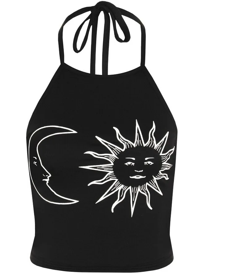 

Women Sun Moon Print Halter Camisole Tanks Tops Women's Lace Crew Neck Vest Women Sexy Solid Summer Camis Crop