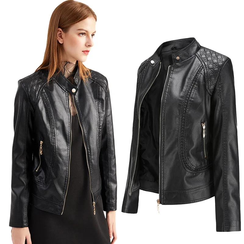 Женская мотоциклетная кожаная куртка черная приталенная из искусственной кожи