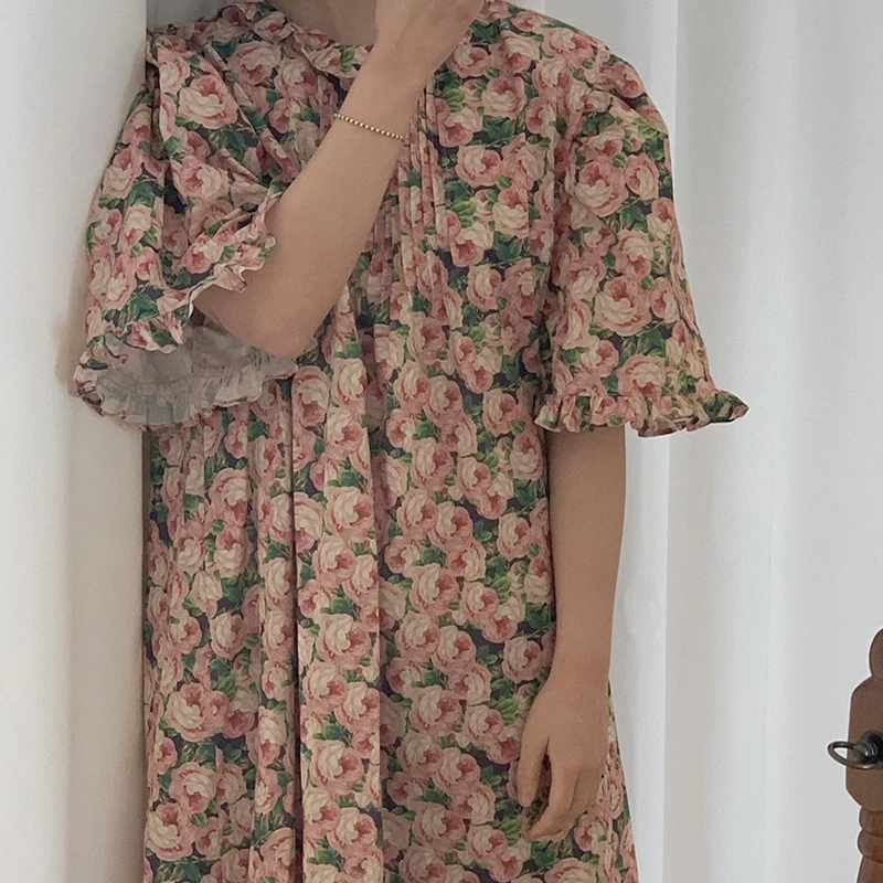 

O-neck Folds Floral Mid-length Dress Woman's Korea Loose Bandage A-line Dress Woman Retro Casual High Waist Dresses Women 2021