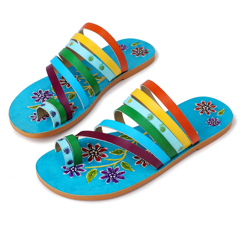 Soft Woman Slippers Sandals Summer Shoes Woman Retro Sandals Vintage Bohemian Breathable Comfortable Genuine Leather Printing