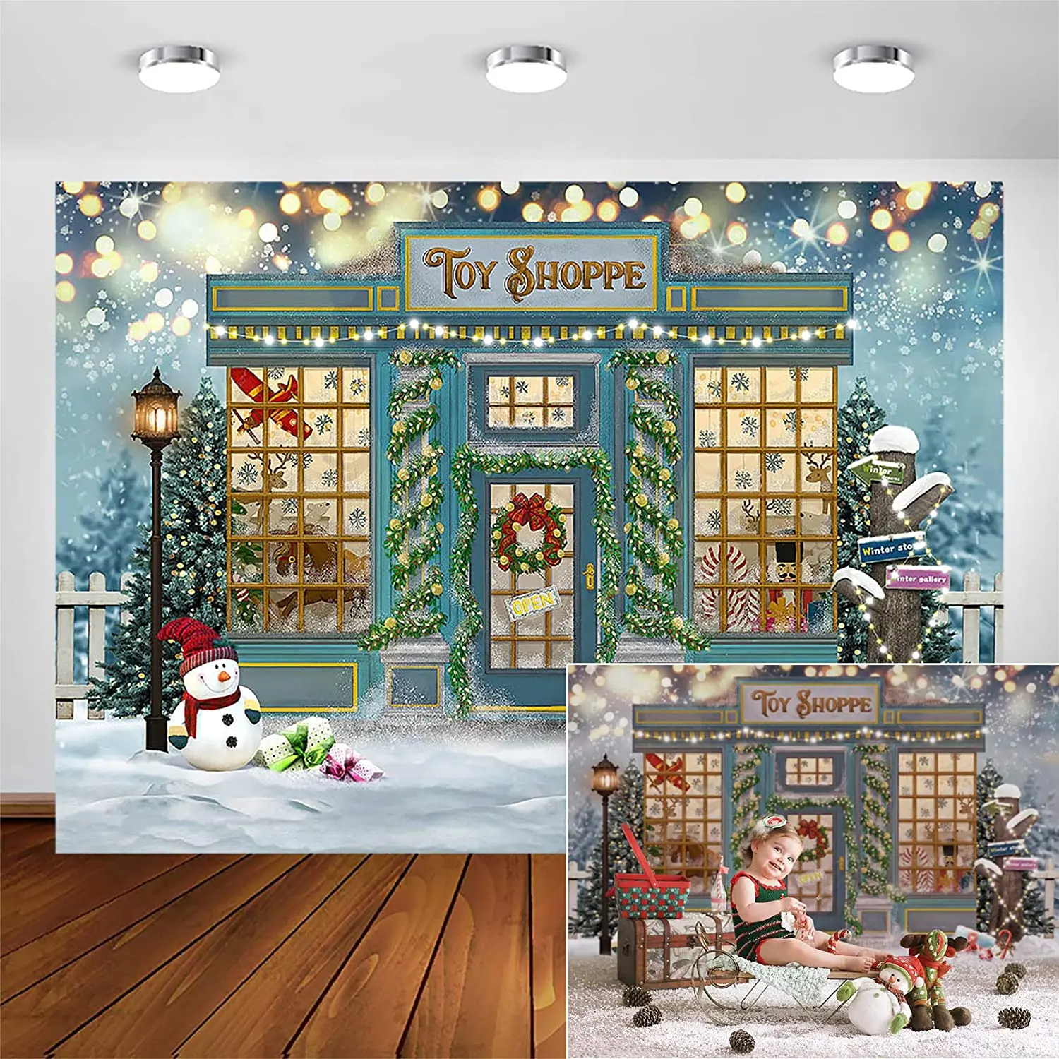 Christmas Backdrop for Winter Snow Toy Shoppe Street Lamp Snowflake Scenes Xmas Holiday Decoration Family Kids Background