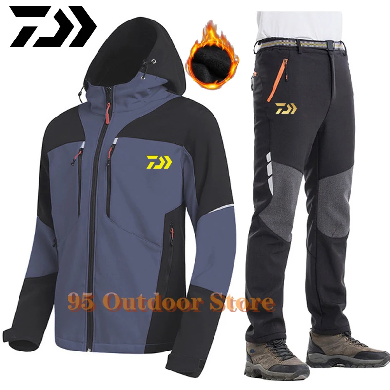 

Daiwa Men Waterproof Softshell Fleece Jackets and Pant Outdoor Trekking Camping Hiking Sets Winter Windproof Climb Fishing Suits