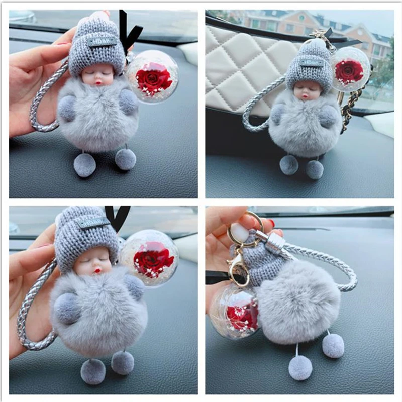 

New Cute Doll Plush Car Keychain Female Gift Key Chain School Bag Pendant Diy Eternal Flower Clasp Hooks for Necklace Bracelet