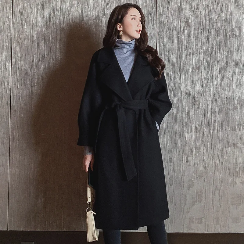 Хит Женское шерстяное пальто отложной воротник пояс длинное элегантное женское