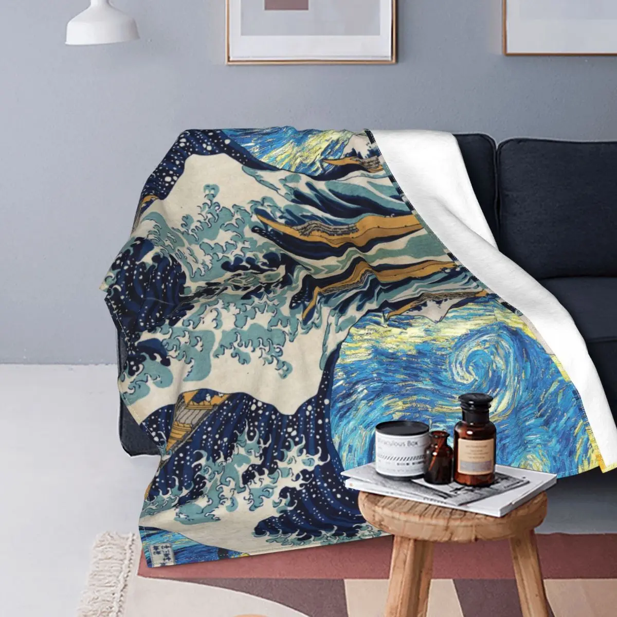 

Psychedelic Kanagawa Surfing Flannel Blanket Retro The Starry Night Throw Blankets for Sofa Bedding Lounge 150*125cm Quilt