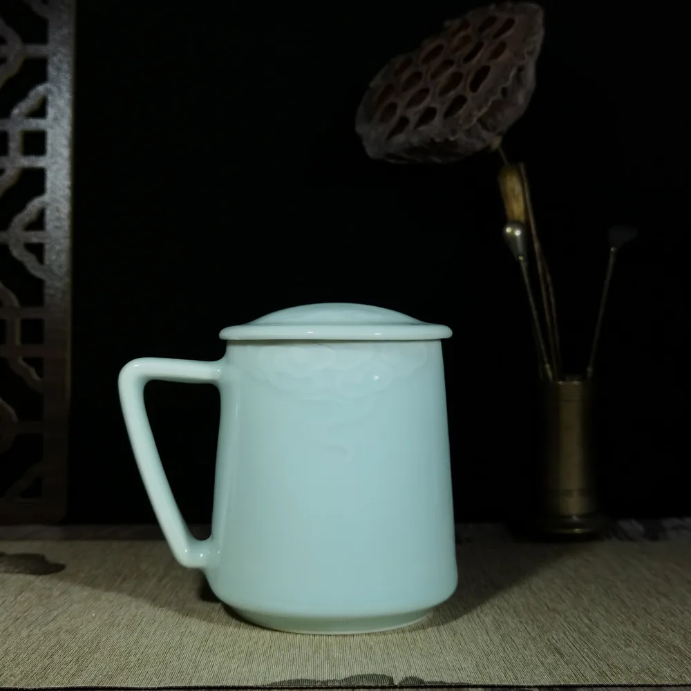 

Coffee Mugs Teacups 12oz Cup with Lid Chinese Porcelain Drinkware Embossed with Auspicious Clouds Microwave and Dishwasher Safe