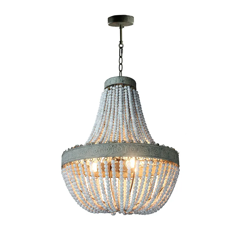 Retro Round Wooden Bead Chandelier E27 Led Living Room Hanging Lamp Bedroom Kitchen Chandelier Lighting Cafe Shop Decor Light
