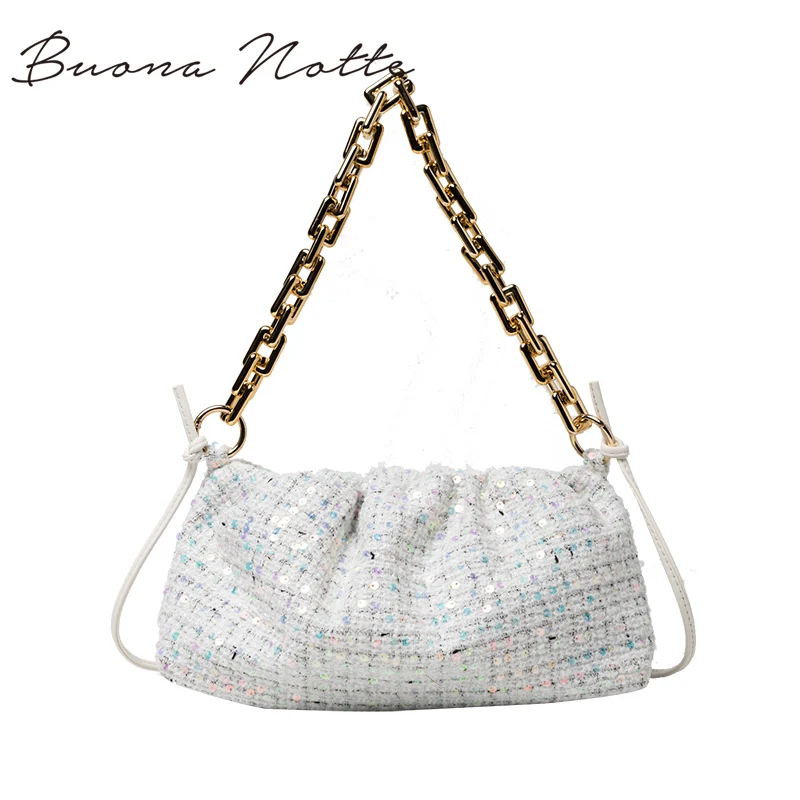 

Sequin Pleated Cloud Bag 2020 Fashion New Quality Wool Women's Designer Handbag Thick Chain Armpit Bag Shoulder Messenger Bag