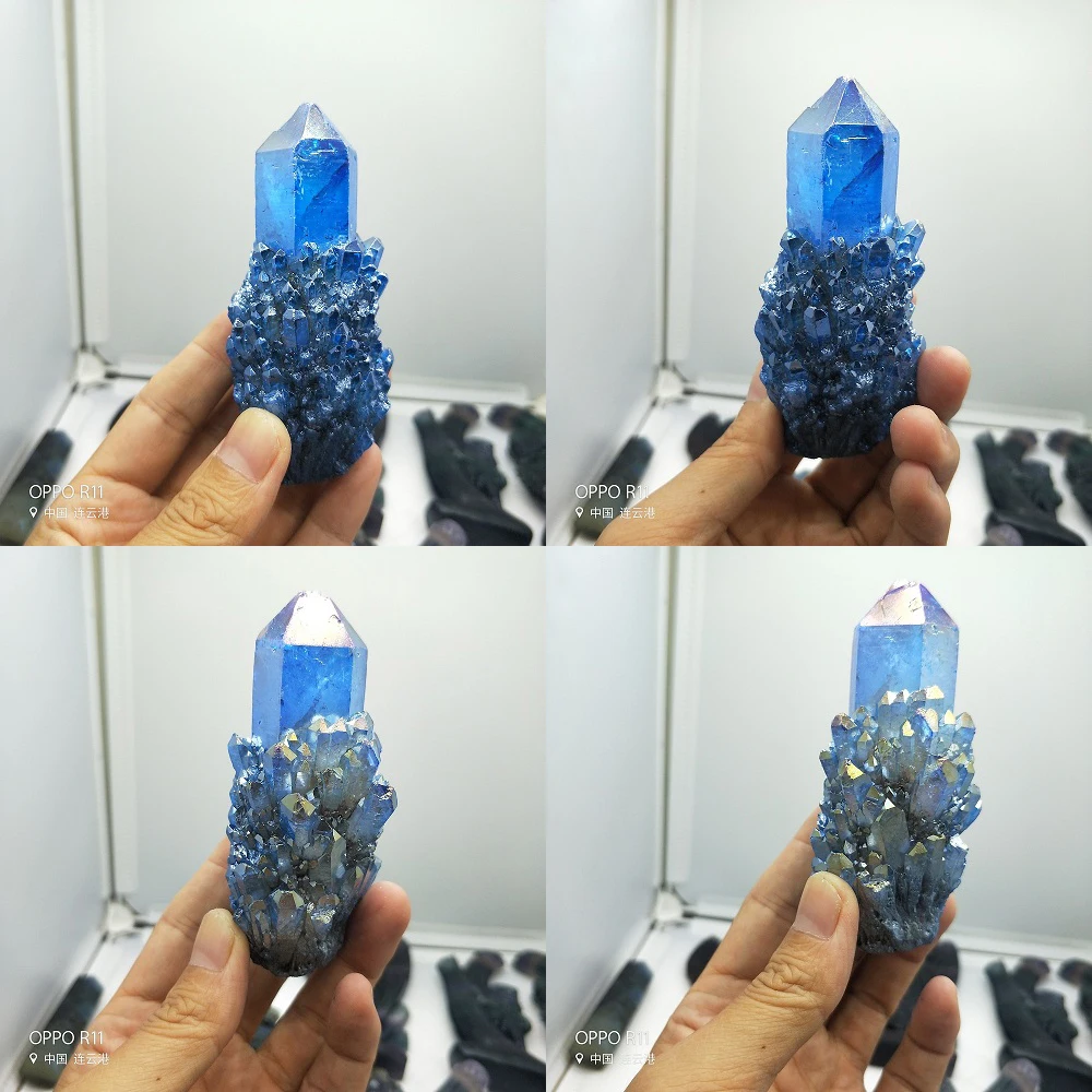Phantom Blue натуральный Титан с покрытием Рок Кварцевый кластер Geode Druzy Кварцевый Минеральный Sampl