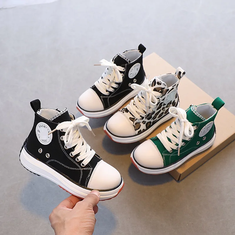 

2021 Children Shoes New Fashion Girls Boys Wide Canvas Leopard Zip Breathable Soft Rubber Sneakers Kids Casual Shoe Baby Shoes