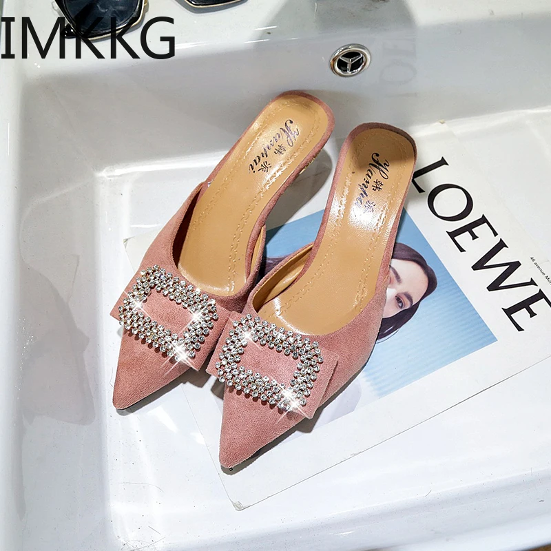 Шлепанцы женские без задника повседневные сандалии с кристаллами застежки сланцы элегантная обувь для