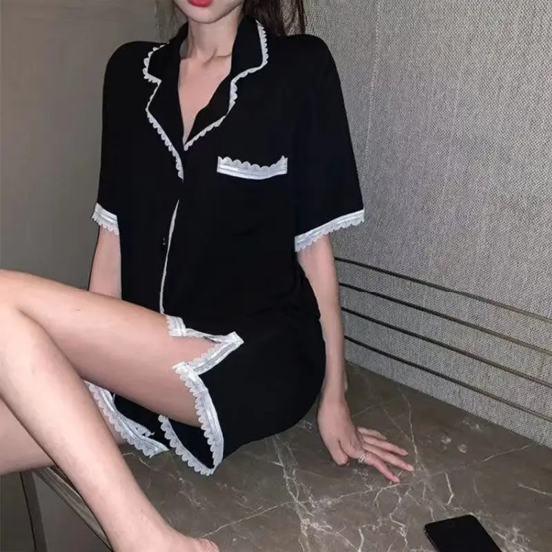 Summer New Short Sleeve Shorts Women's Pajamas Set  Solid Loose Lace 2Pcs Suit Home Wear Sleepwear Turn-down Collar Nightwear