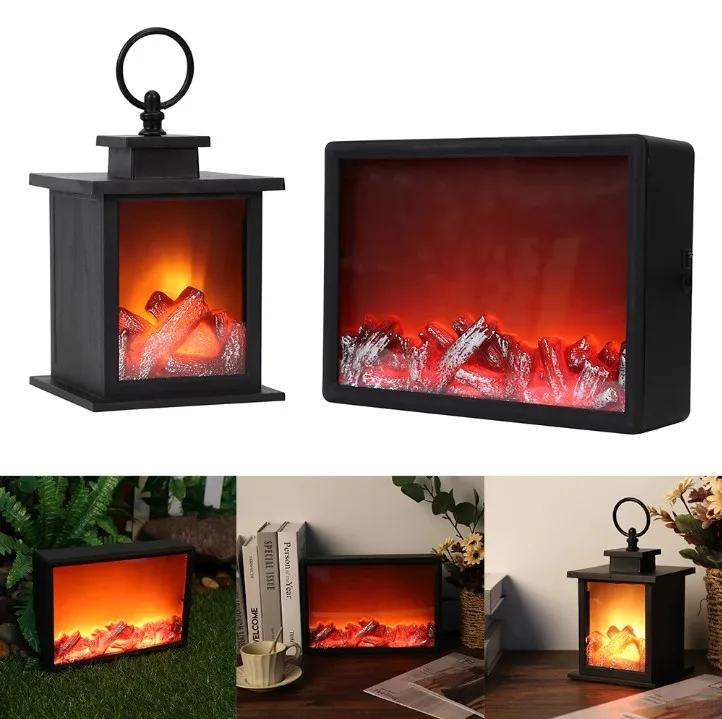 

LED Flame Fireplace Lantern Lamps Portable Living Room Flame Effect Light Retro Fireplace Lamp Christmas Atmosphere Decoration