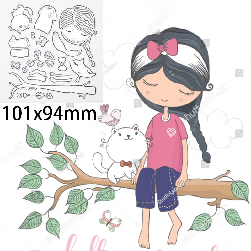 Металлические штампы с изображением девушки кошкой сидящей в дереве милый Кот