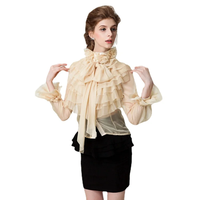 

French Palace Women Spring Fashion Blouse Sexy Mesh Transparent Tops Black High Neck Bow Tie Front Layered Ruffle Sheer Shirts