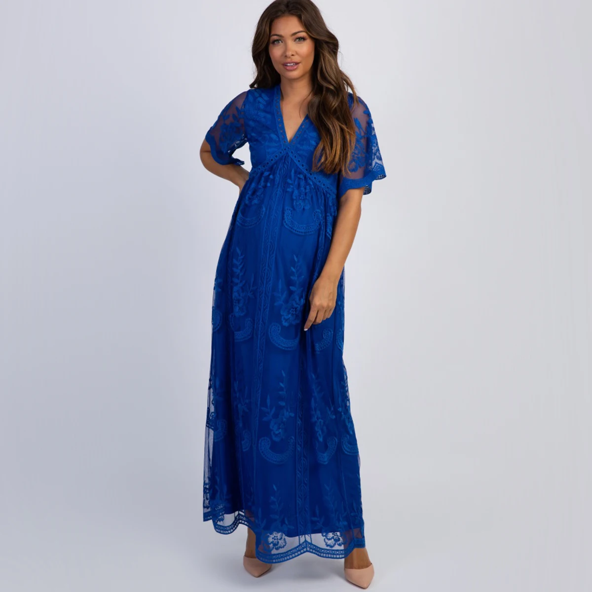 

Jastie V-Neck Women Maxi Dress Bohemian Embroidery Lace long Tunic Beach Dresses Summer Short Sleeve Holiday Women Clothing 2020