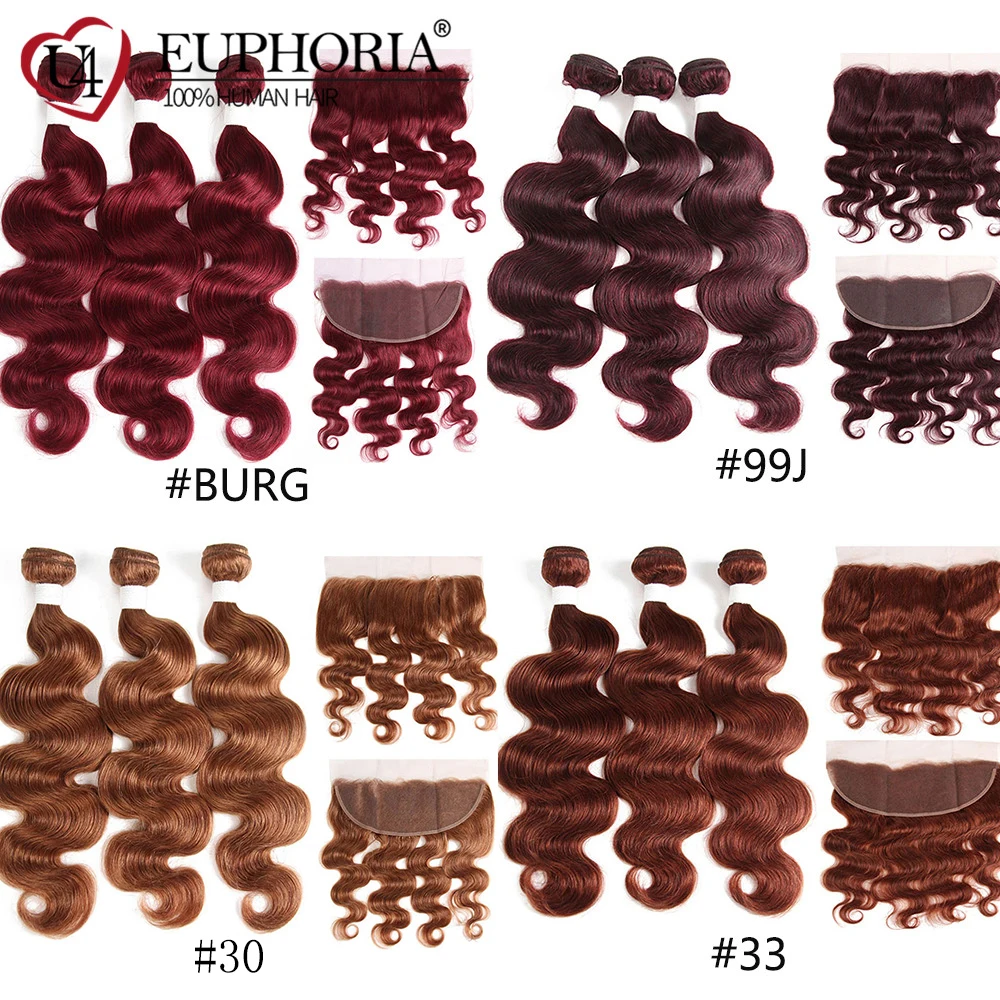 Бургундия Волнистые пряди с фронтальной 99J красные человеческие волосы