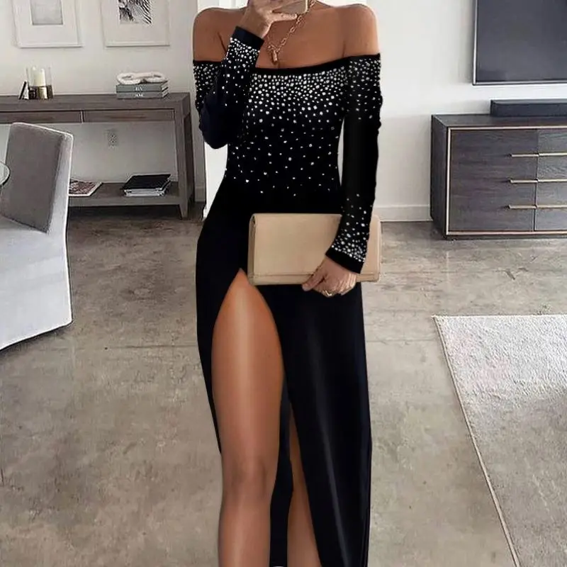 

Women One-line Shoulder Slit Long-sleeved Long Dress With Rhinestone Sexy Black Party Club Cver knee Hag hip Fashion Dress