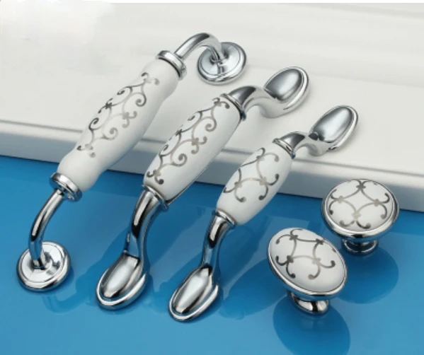 

Hole Pitch128mm/160mm Oval shape Silver Flower Printed Ceramic modern simple classic knob Kitchen Cabinet Furniture Handle pulls