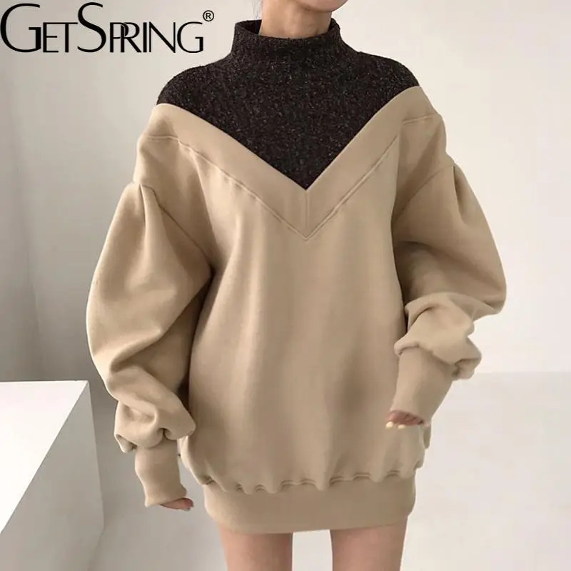 

GetSpring, женские толстовки, вязаные, Прошитые, в стиле пэчворк, Женская толстовка, свободные длинные осенне-зимние топы 2021