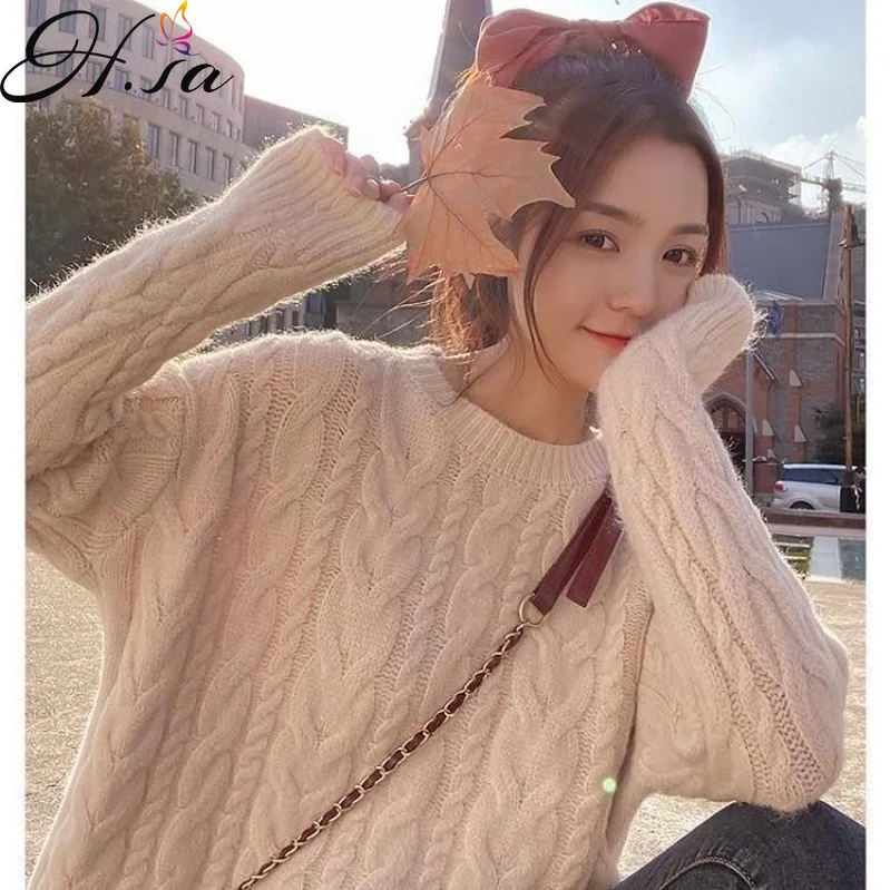 

Hsa женский свитер Топы осень и зима 2021 корейский стиль свободная верхняя одежда пуловер утолщенный трикотажный топ Пушистый свитер