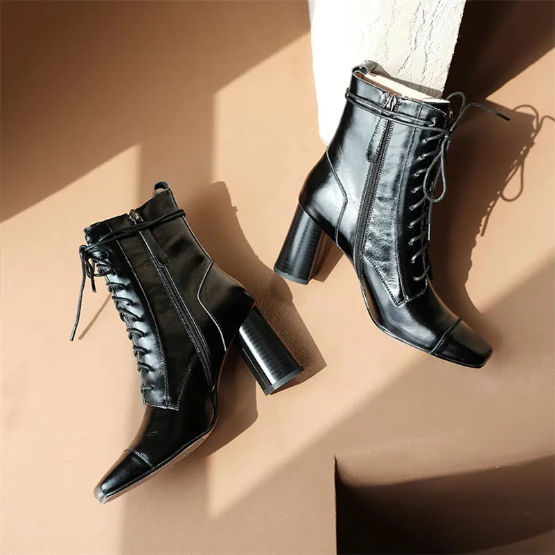 

Meotina Women Short Boots Shoes Real Leather Block Heels Ladies Boots Square Toe Zip Lace Up High Heel Ankle Boots Autumn Winter