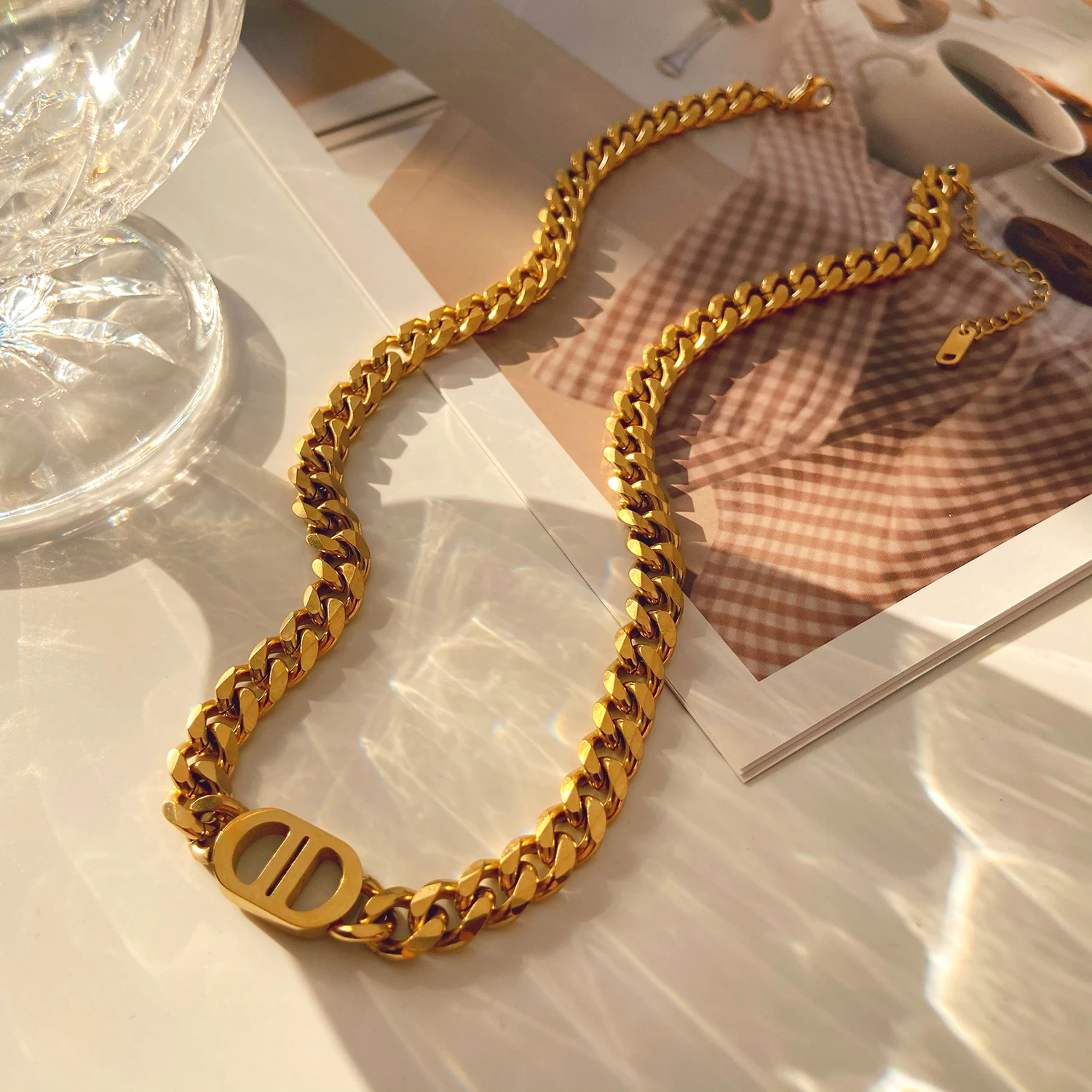 

Punk Cuban Chains Letter D Choker Necklaces For Women Stainless Steel Thick Chain Necklace 2021 Trendy Fashion Party Jewelry