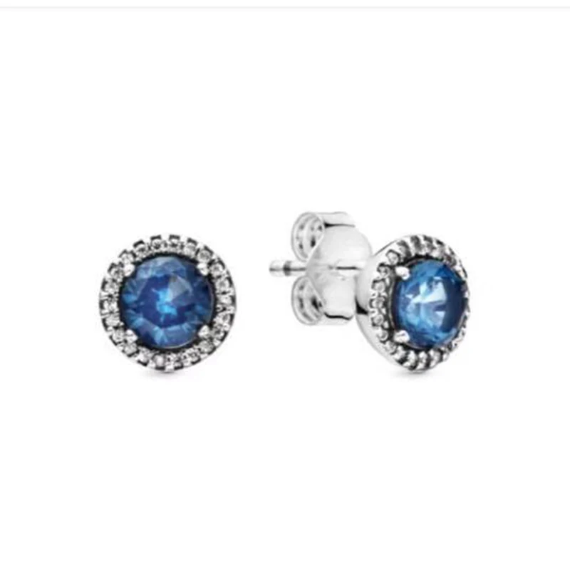 

pan Earrings 100% 925 Sterling Silver Blue Round Sparkle Earrings For Fashion Women Jewelry Gift