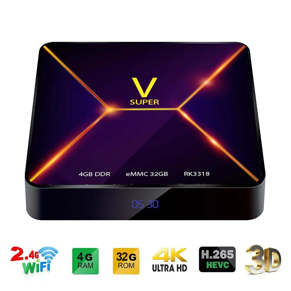 

Super V RK3318 Android 9.0 Smart TV Box Quad Core 4GB RAM 32GB ROM Media Player Support WIFI Bluetooth-compatible 100x100x17mm