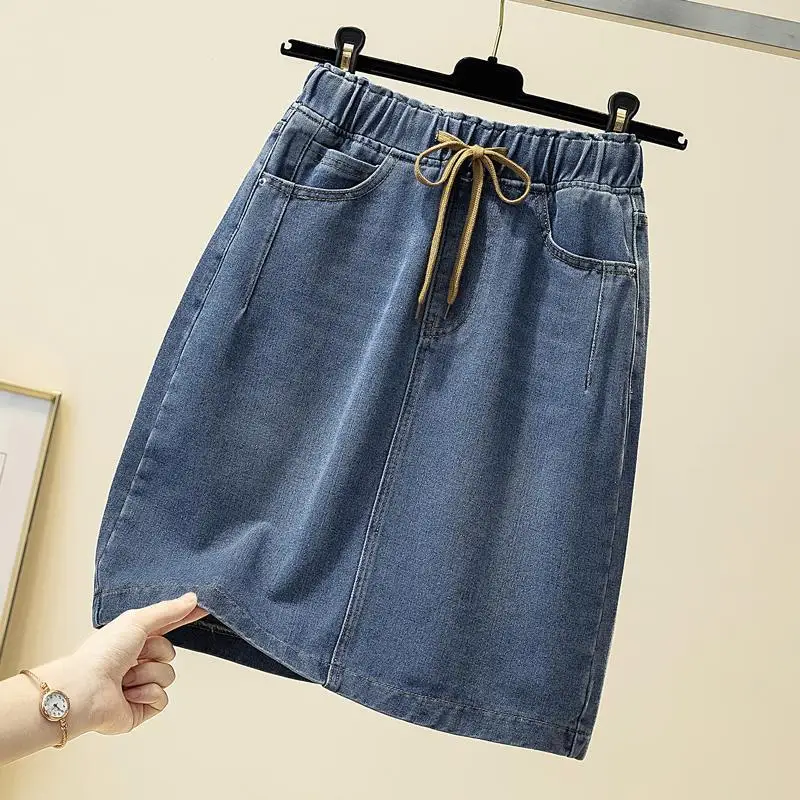 

Skirts Women Summer 2021 Korean Style New Elegant Blue Lace-up Jean Skirt Casual High Wasit All Match Denim Skirts Plus Size 4XL