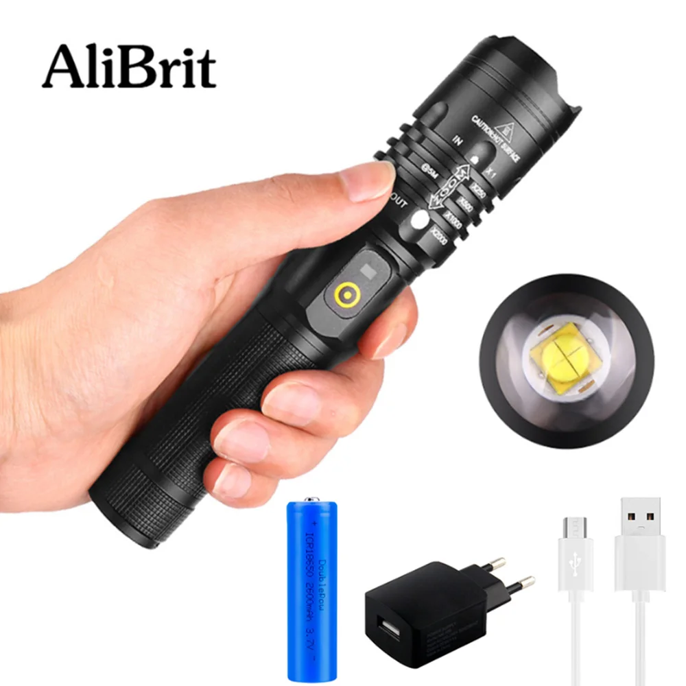 D50 AliBrit xhp50 светодиодный тактический фонарик usb Зарядка зум банк питания 18650