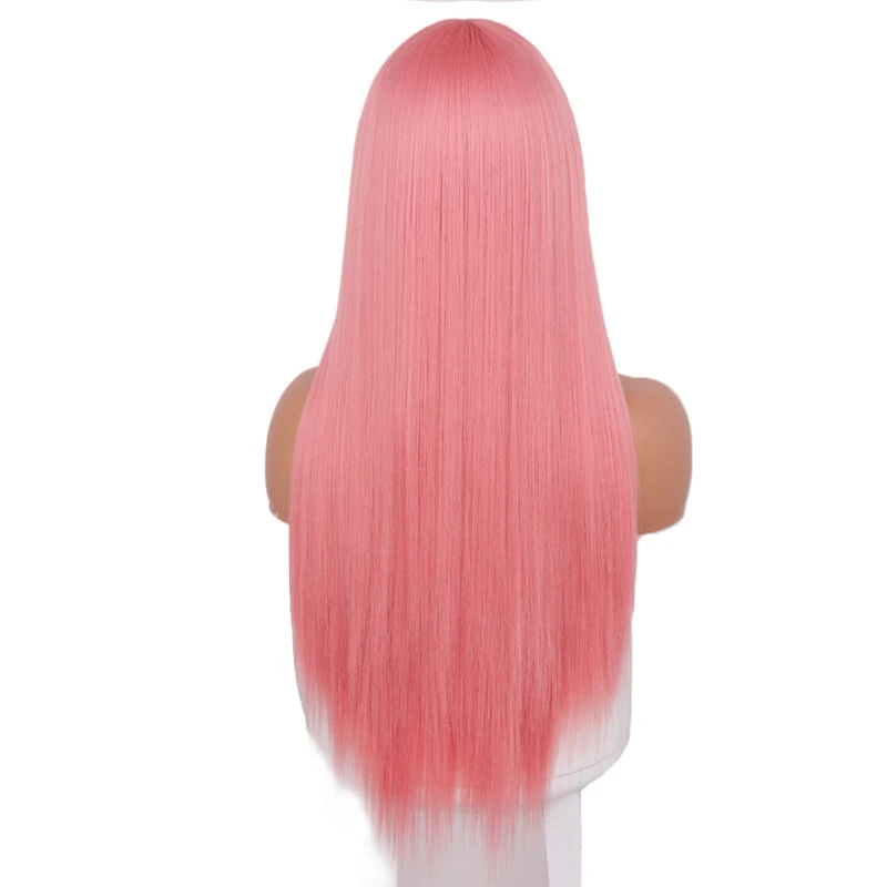 

Pink Women's Wigs with Bangs 26 Inch Long Silky Straight Cosplay Lolita Wigs African American Natural Synthetic Fibre False Hair